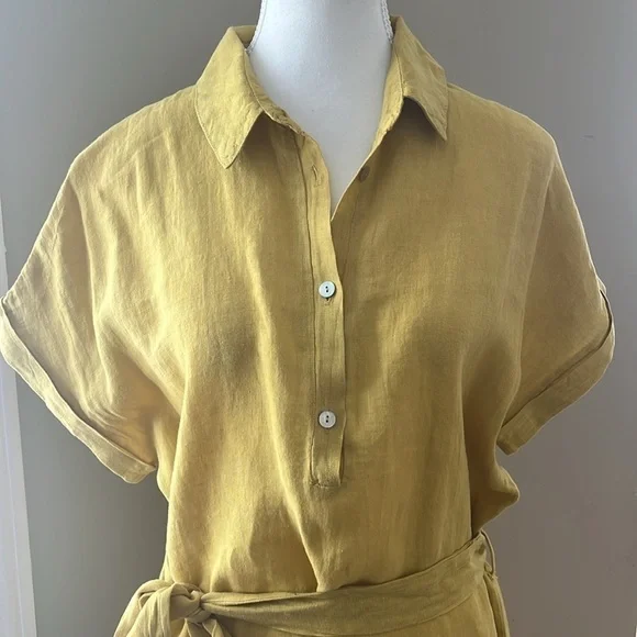 Marisa & Marie Linen Yellow Short Sleeve Mid Length Dress with Waist String - Picture 2 of 9